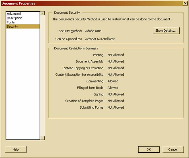 Adobe properties list, protected file