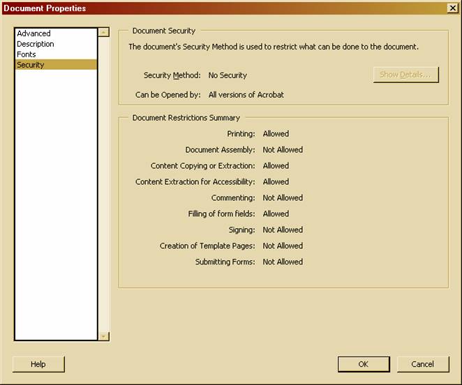 Adobe properties list, unprotected file